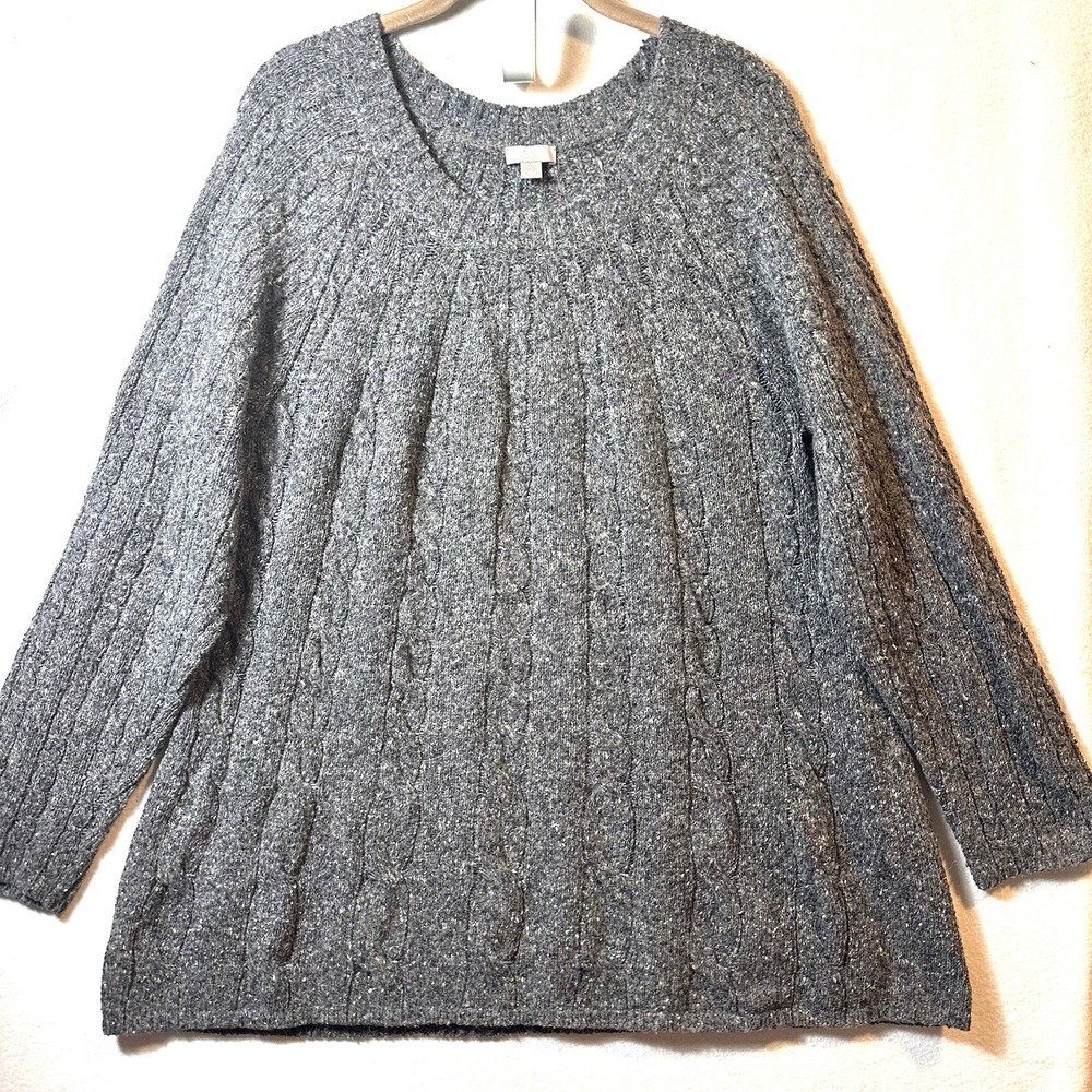 J Jill Wool Chunky Cable Knit Tunic L Large‎ Preppy Outdoor Gray